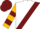White, burgundy sash, gold 'b', two burgundy hoops on sleeves, burgundy cap, gold 'b'