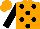 Orange, black dots, black sleeves, orange cap