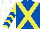Royal blue, yellow cross belts, yellow and royal blue chevrons on sleeves, white cap