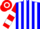 Blue and white stripes, red and white hooped sleeves and cap