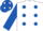 WHITE, ROYAL BLUE spots and sleeves, ROYAL BLUE cap, WHITE spots