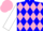 blue, pink band of diamonds, white sleeves, pink cap