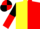 Yellow and red (halved horizontally), black and red halved sleeves, quartered cap