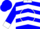 Blue, white circle m brand, white collar, white chevrons & cuffs