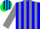Blue, green 'shamrock', grey panels, blue bars on grey sleeves