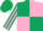 Dark green and pink (quartered), striped sleeves, dark green cap