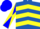 Royal blue, yellow chevrons, blue and yellow diagonal quartered sleeves, blue cap, yellow visor