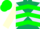 Dark green and lavender diagonal quarters, green chevrons on cream sleeves, green cap