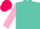 Turquoise, fuchsia, gold and orange palm trees, pink sleeves, fuchsia cap