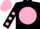Black, pink ball, black 'rr', pink dots on sleeves, pink cap