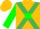 Gold, emerald green cross sashes, green hoop on sleeves, gold cap