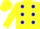 Yellow, blue dots, yellow sleeves, yellow cap