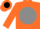 Orange, black 'g' on grey ball