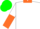 White, green shamrock, orange collar, white and orange halved sleeves, green cap