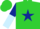 Lime green, dark blue star, dark blue and light blue halved sleeves, lime green cap