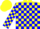 Yellow body, blue checked, yellow arms, blue checked, yellow cap