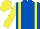 Royal blue, yellow braces, sleeves and cap