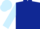 Dark blue body, light blue arms, dark blue chevron, light blue cap