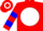Red, white ball and blue 'yhr', red sleeves, blue hoop