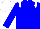 Blue body, white epaulettes, blue arms, white cap, blue striped