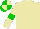 Beige body, beige arms, green armlets, green cap, beige quartered