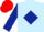 Light blue body, dark blue diamond, dark blue arms, red cap