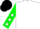 White, green horseshoes, green 'rp & rk', green sleeves with white stars