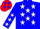 Blue, red 'k' with white stars