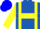 Royal blue, yellow braces and 'cr', yellow hoop on sleeves, blue cap, yellow pompon