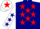 Navy blue, red stars, white sleeves, navy blue stars, white cap, red star