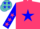 Cerise, turquoise blue star and sleeves, cerise stars and cap, turquoise blue star