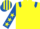 Yellow, royal blue epaulets, royal blue sleeves, yellow stars, striped cap