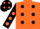 Dayglo orange, black diagonal spots, black sleeves, orange spots, black cap, orange spots