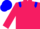 Rose body, blue epaulettes, rose arms, blue cap