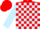 Red body, light blue checked, light blue arms, red cap, light blue checked