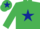 Emerald green, dark blue star, emerald green sleeves and cap, dark blue star