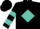 Black, turquoise diamond frame and 't', two turquoise hoops on sleeves, black cap, turquoise visor