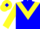 Bright blue, bright yellow chevron, sleeves and cap, bright blue diamond