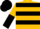 Gold, black hoops, gold and black halved sleeves, black cap