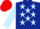 Dark blue body, light blue stars, light blue arms, red cap