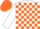 White body, orange checked, white arms, orange cap
