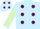 Light blue, maroon spots, light blue sleeves, yellow spots, light blue cap, maroon spots