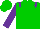 Green body, purple epaulettes, purple arms, green cap, purple striped