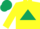 Yellow body, dark green triangle, yellow arms, dark green cap
