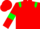 Red body, green epaulettes, red arms, green armlets, red cap