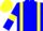Blue body, yellow braces, blue arms, yellow armlets, yellow cap, blue striped