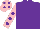 Purple, pink sleeves, purple spots, pink cap, purple spots