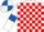 White and red check, white sleeves, royal blue armlets, royal blue and white quartered cap