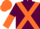 Maroon, orange cross sashes, maroon and orange halved sleeves, orange cap