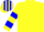 Yellow, blue crossed sashes, hooped sleeves, striped cap